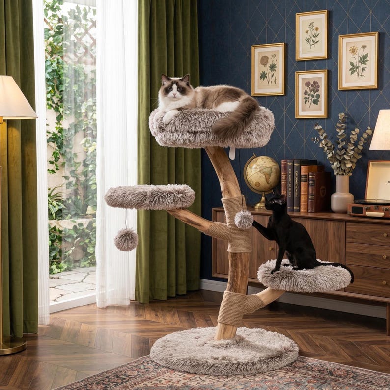 Natural Wood Cat Tree With Cozy Perch and Plush Platforms - Etsy