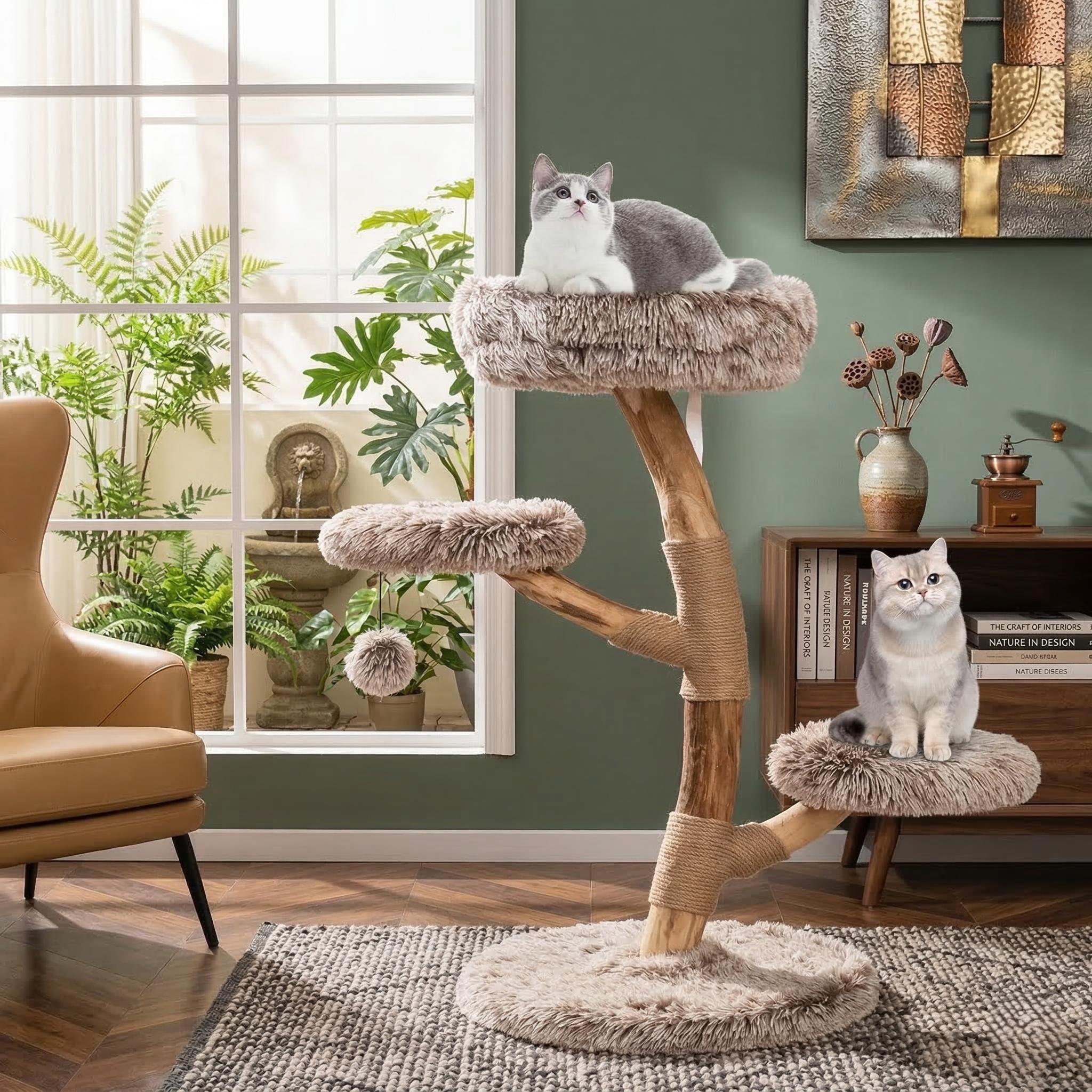 Natural Wood Cat Tree With Cozy Perch and Plush Platforms - Etsy