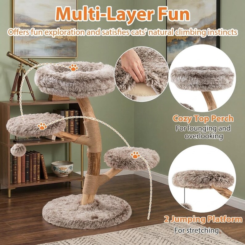 Natural Wood Cat Tree With Cozy Perch and Plush Platforms - Etsy