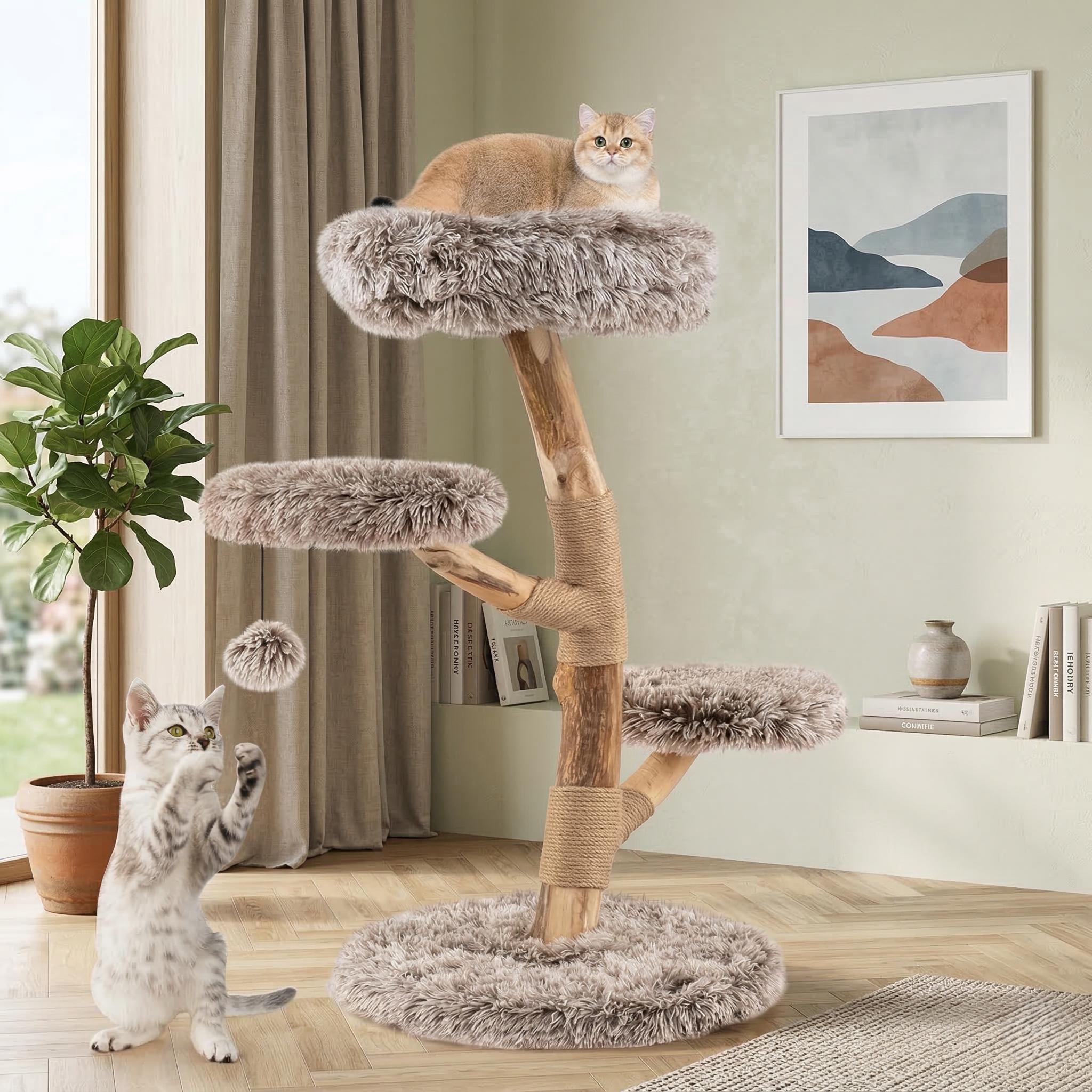Natural Wood Cat Tree With Cozy Perch and Plush Platforms - Etsy