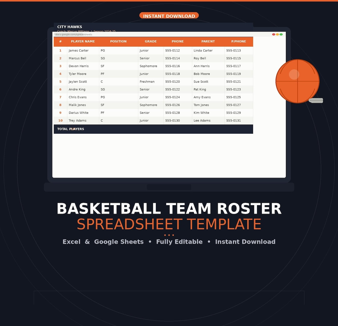 Roster Tracker Basketball Team Roster Spreadsheet | Coach Player Tracker (excel ...