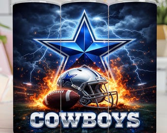 May include: A tumbler featuring a football theme. The design includes a blue star, a football helmet, and a football, all set against a backdrop of lightning and flames. The word "COWBOYS" is displayed in white.