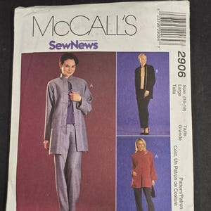 May include: A McCall's SewNews sewing pattern envelope, number 2906, for size Large (16-18). The front displays three variations of a jacket and pants set, featuring a grey patterned jacket with toggle closures, a black jacket, and a red jacket.