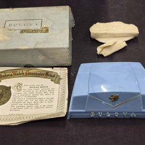 Antique Ladies Art Deco Bulova White GF Watch & Velvet Bulova Presentation Box Ladies BULOVA Watch BOX~ Vintage~ Velvet Presentation Case  main image 2