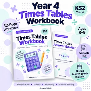 Könnte beinhalten: Ein Year 4 Einmaleins-Arbeitsbuch und ein passendes Lösungsheft. Das Cover zeigt einen lila Taschenrechner mit der Anzeige 7x8=56, einen gelben Bleistift und Text zu Multiplikation, Fluency, Reasoning und Problem Solving. Geeignet für 8- bis 9-Jährige.