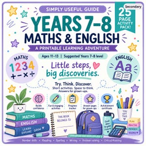 Puede incluir: Un paquete de actividades imprimible de 25 páginas titulado Years 7-8 Maths & English. La portada presenta texto educativo, estrellas coloridas, una pila de libros, una mochila, una calculadora, una botella de agua y un portalápices con el texto You Got This.