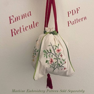 Patrón digital en PDF de Emma Reticule: optimizado para bordado, costura, Jane Austen, Regencia, carteras, bolsos con cordón