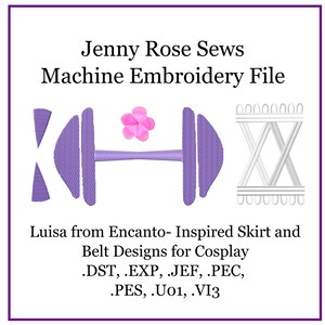 May include: Machine embroidery file by Jenny Rose Sews. The design features a purple barbell-shaped design with the letters K and H, a pink flower, and a white X-shaped design. Text reads "Luisa from Encanto- Inspired Skirt and Belt Designs for Cosplay."