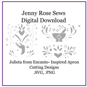 May include: Digital download of two SVG and PNG cutting designs inspired by the character Julieta from the movie Encanto. The designs feature a hand with a heart and a mortar and pestle with a heart.
