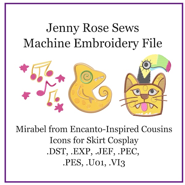 Mirabel from Encanto- Cosplay Skirt Icons - Cousins: Antonio, Delores, and Camilo - Machine Embroidery Design File