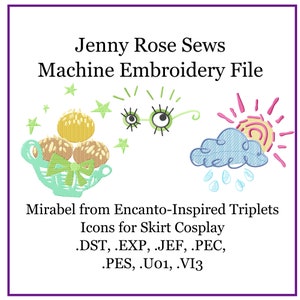 Puede incluir: Archivo de bordado a máquina para Mirabel de los Triplets inspirados en Encanto. El archivo incluye iconos para el cosplay de falda. Los formatos de archivo son DST, EXP, JEF, PEC, PES, U01 y VI3.
