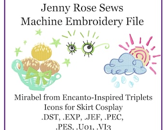 Íconos de faldas de cosplay inspirados en Mirabel: trillizos: Pepa, Julieta y Bruno - Archivo de diseño de bordado a máquina
