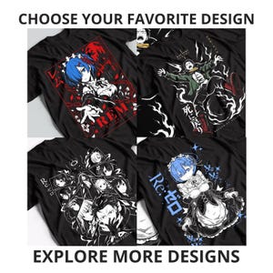 Puede incluir: Cuatro camisetas negras con gráficos de personajes del anime Re:Zero. Los diseños incluyen a Rem con traje de sirvienta y cadenas rojas, Subaru Natsuki con efectos de humo blanco, un collage de varios personajes y Rem con detalles azules y texto japonés.