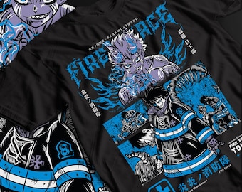 May include: A black short-sleeve t-shirt featuring a blue and white graphic print from the anime Fire Force. The design includes a character with horns, Japanese text, and the word FIRE FORCE in a distressed font, alongside a panel of a character.