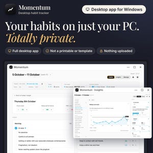 Może przedstawiać: Cyfrowy interfejs aplikacji Momentum do śledzenia nawyków na system Windows. Ekran przedstawia ciemne tło z białym tekstem, w tym tytuł Your habits on just your PC. Totally private. Dwa okna wyświetlają dane dotyczące śledzenia nawyków.