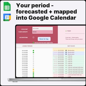 May include: A laptop screen displays a period tracking app interface. The app shows a calendar view with logged periods and a forecast for the next 30 days. The text reads "Your period - forecasted + mapped into Google Calendar."