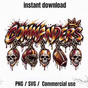 May include: A digital graphic design featuring the word COMMANDERS in a stylised, dripping font with a crown icon. Below the text, five items hang from chains: three human skulls, a football helmet, and a football, all with a distressed effect.