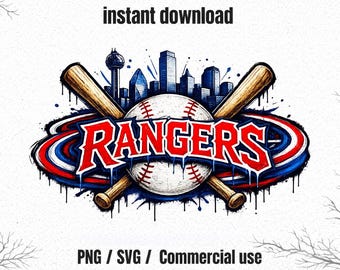 May include: Baseball-themed graphic with the word "Rangers" in red, outlined in white and blue, set against a baseball and crossed bats. A cityscape is in the background. The words "instant download" and "PNG / SVG / Commercial use" are also present.