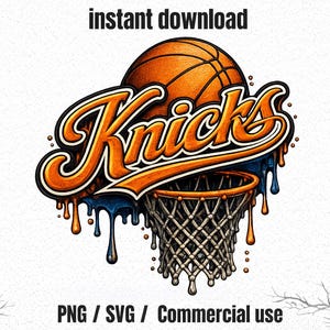May include: A digital illustration of the New York Knicks basketball team logo. The logo features the team name in orange script with a basketball and net. The design has a dripping effect with blue and orange accents. The words "instant download" are at the top.