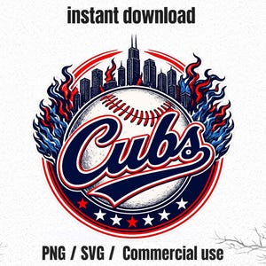 Puede incluir: Gráfico con temática de béisbol con el texto "Cubs" en una fuente estilizada, sobre un fondo de béisbol y el horizonte de Chicago. El diseño incorpora llamas y estrellas rojas, blancas y azules, con las palabras "descarga instantánea" en la parte superior.