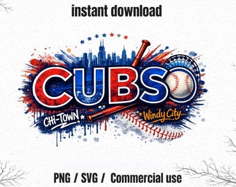 May include: A digital graphic featuring the word "CUBS" in red and blue, with a baseball and skyline. The design includes baseball bats and the phrases "Chi-Town" and "Windy City." The words "instant download" and "PNG / SVG / Commercial use" are also present.