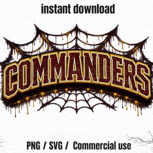 May include: A graphic design featuring the word COMMANDERS in bold, maroon, block-style lettering with a yellow outline. The text is framed by a dark, dripping spider web motif with small yellow highlights, set against a plain white background.