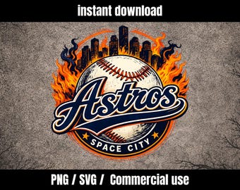 May include: A baseball-themed graphic featuring the word "Astros" in navy blue and orange, with a baseball in the center and a cityscape silhouette. The design includes the text "Space City" and is surrounded by flames.