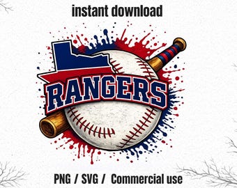 May include: A baseball-themed graphic with the word "Rangers" in a navy blue and white font, set against a baseball and a bat. The design includes red and blue paint splatters and the text "instant download".