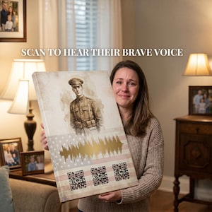 May include: A canvas print featuring a sepia-toned illustration of a soldier in uniform. The print includes a gold soundwave design, American flag elements, QR codes, and the text "SCAN TO HEAR THEIR BRAVE VOICE".
