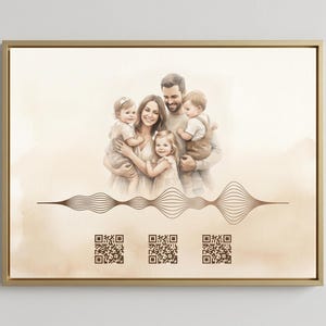 May include: A framed canvas print featuring a family portrait in soft watercolor tones. The image includes a family of five, with a sound wave graphic and three QR codes at the bottom. The frame is gold.