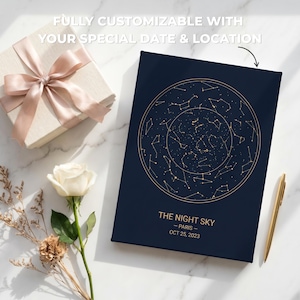 May include: A navy blue book with a gold constellation design and the text "THE NIGHT SKY - PARIS - OCT 25, 2023." A gift box with a pink ribbon, a white rose, and a gold pen are also in the image.