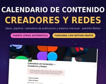 Plantilla Notion Content Calendar | Planificador Redes Sociales TikTok Instagram YouTube | Cuenta Atras Automatica Creadores