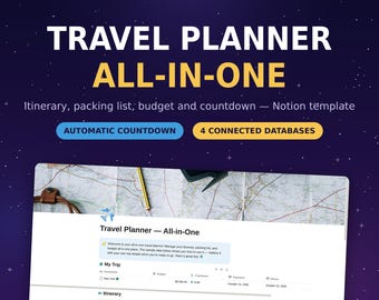 Travel Planner Concept Template | Itinerary Packing List Budget Tracker | Automatic Trip Countdown | Booking Checklist | Vacation Planner