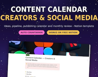 Content Calendar Notion Template | Social Media Planner TikTok Instagram YouTube | Idea Pipeline Countdown | Creator Growth Tracker
