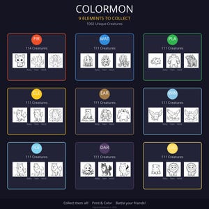 May include: A digital illustration featuring nine elements with various creatures. Each element showcases baby, teen, and adult versions of creatures. The text reads "COLORMON" and "9 ELEMENTS TO COLLECT 1002 Unique Creatures."