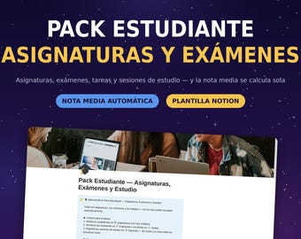 Plantilla Notion Pack Estudiante | Tracker Asignatures Examenes y Tareas | Nota Media Automatica Cuenta Atras | University Organizer