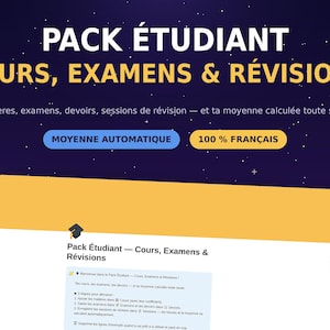 Peut inclure: Un modèle de pack étudiant numérique affichant le texte PACK ÉTUDIANT COURS, EXAMENS & RÉVISIONS, MOYENNE AUTOMATIQUE et 100% FRANÇAIS. L'interface comprend une icône de toque de diplômé et une mise en page structurée pour le suivi des notes.