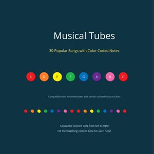 Può includere: Grafica verde scuro con il testo "Musical Tubes" e "30 canzoni popolari con note a colori". Presenta una scala musicale codificata a colori e istruzioni per l'uso con i Boomwhackers. Il testo in basso recita: "Segui i punti colorati da sinistra a destra. Colpisci il tubo colorato corrispondente per ogni nota!"