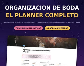 Plantilla Notion Organizacion de Boda | Presupuesto Lista de Invitados Proveedores | Cronograma RSVP Plano de Mesas | Download Digital