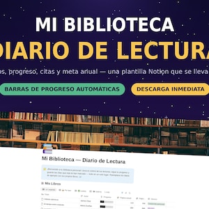 May include: A digital Notion template for a reading journal titled MI BIBLIOTECA DIARIO DE LECTURA. The interface features a dark purple background with stars, a library bookshelf header, and a table for tracking books, progress, and reading goals.