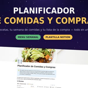Peut inclure: Un modèle numérique de planificateur de repas et de courses pour Notion sur un fond violet étoilé. Le texte indique PLANIFICADOR DE COMIDAS Y COMPRAS, Tus recetas, tu semana de comidas y tu lista de la compra, MENU SEMANAL et PLANTILLA NOTION.
