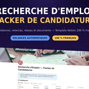 Può includere: Un modello digitale per il monitoraggio della ricerca di lavoro e delle candidature per Notion. La grafica presenta il testo RECHERCHE D'EMPLOI TRACKER DE CANDIDATURES, RELANCES AUTOMATIQUES e 100 % FRANÇAIS su uno sfondo viola stellato.