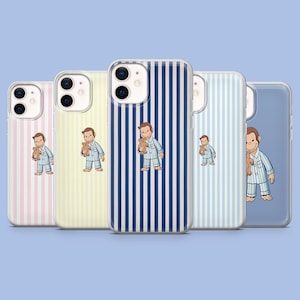 May include: A selection of phone cases with a cartoon character in pyjamas and a teddy bear. The cases display striped patterns in pink, yellow, navy blue, light blue, and solid blue. The cases are designed for a smartphone.