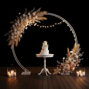 May include: A white wedding cake on a small, round table, surrounded by a white arch decorated with flowers and pampas grass. The scene is illuminated by string lights and candles, creating a romantic ambiance.