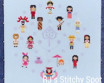 May include: A cross-stitch pattern featuring a circle of various Disney princesses and characters, including Snow White, Cinderella, Belle, Ariel, Mulan, Pocahontas, Tiana, Rapunzel, and Moana. The pattern is on a light blue background with a purple tree in the center. The text "RJ's Stitchy Spot" is at the bottom of the pattern.