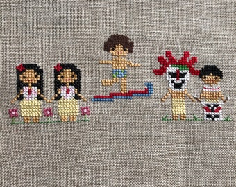 May include: Cross-stitch artwork depicting five figures in a tropical scene. Two girls in yellow dresses and red hair bows stand holding hands. A boy surfs on a red and blue board. Two other figures are also present.