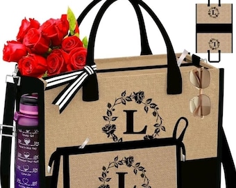 Monogrammed "L" Tote Bags, 2Pcs Initial Personalized Jute Tote Birthday Gifts...