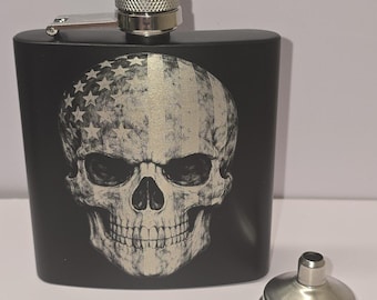 Skull American Flag Hip Flask Engraved 6oz Black Silver Adult Beverage