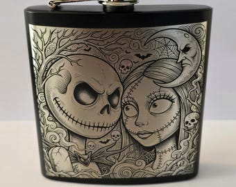 Nightmare Before Christmas Flask Sally + Jack 6oz Engraved