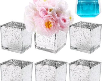 Square Antique Style Glass Vase Silver Plant Terrarium Candle Holder Table...